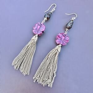 Vintage Acrylic Butterfly Tassel Chain Earrings Gold Tone Statement Dangles Boho